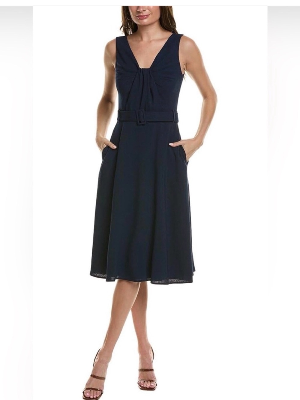 NWT Black Halo Vieata Belted V-Neck Midi-Dress in Bluestone Size 14 Fit & Flare